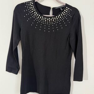White House Black Market Black Pearl Embellished 3/4 Sleeve Blouse